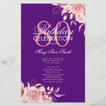 Programa Floral 80th Birthday Rosa Menú Dorado Púr<br><div class="desc">Elegante diseño "Programa de fiesta de cumpleaños" con Arreglo floral en oro Rosa   púrpura con texto personalizado.</div>
