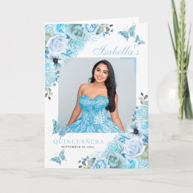 Programa Floral azul cielo Quinceanera Tiara Butterflies (Anverso)