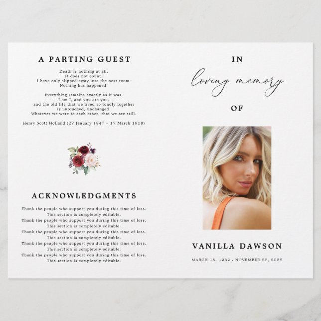 Programa Floral Burgundy Celebration Of Life (Anverso)