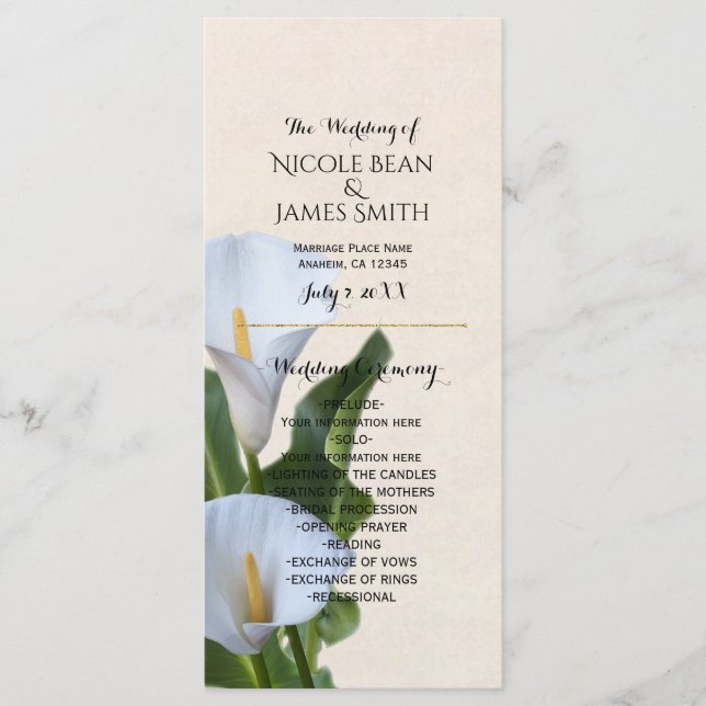 Programa Floral de Bodas con Flores de Lirio Calla (Anverso)