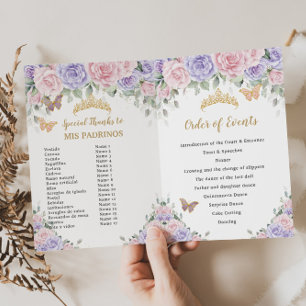 Programa Floral de lavanda rosa Quinceañera Orden de evento
