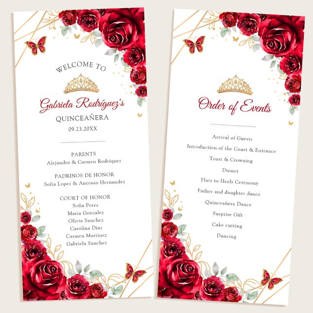 Programa Floral de oro rojo Quinceanera Orden de eventos (Subido por el creador)