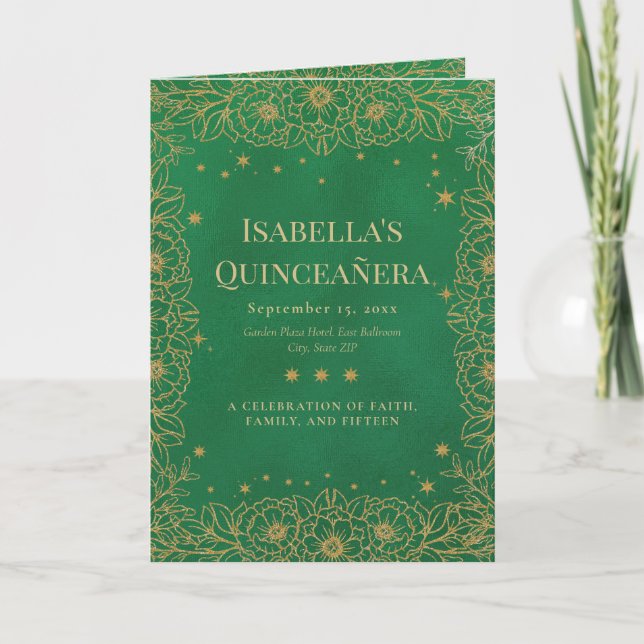 Programa Floral de oro verde esmeralda Quinceañera (Anverso)