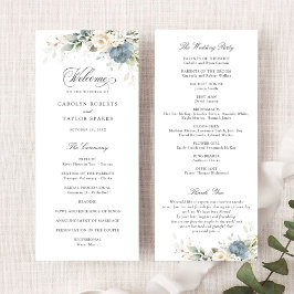 Programa Floral Dusty Blue White Greenery Wedding Program