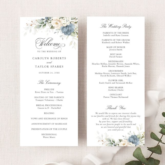 Programa Floral Dusty Blue White Greenery Wedding Program (Subido por el creador)