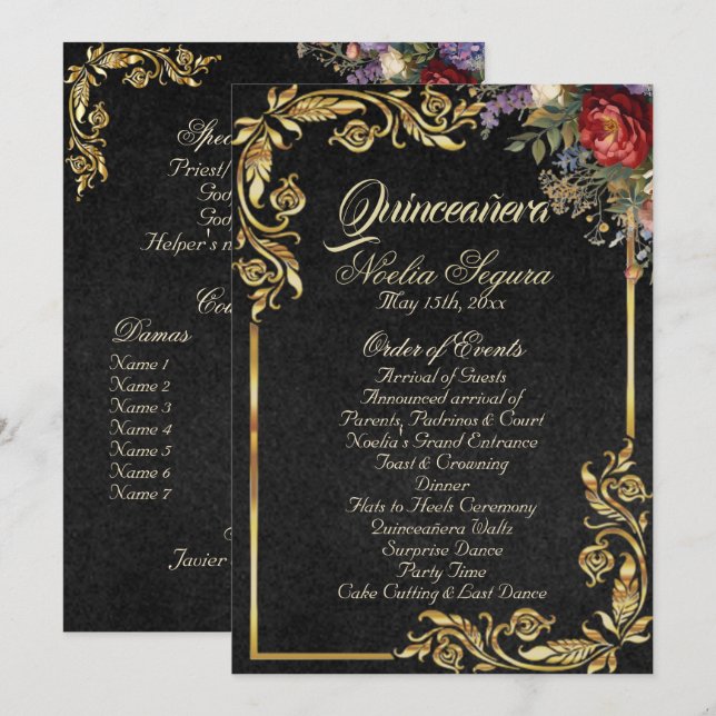 Programa Floral & Gold Leaves - Black Quinceanera Program (Anverso / Reverso)