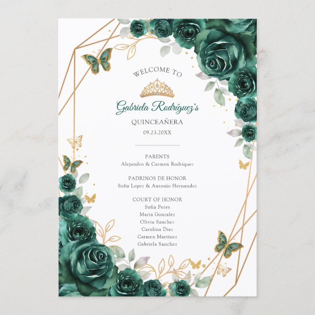 Programa Floral Green Gold Quinceanera Order of Events (Anverso)