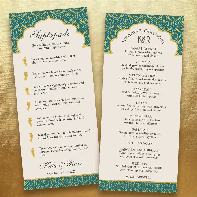 Programa Floral Lotus indio y Boda hindú (Teal blue gold art deco indian hindu wedding program card with saptapadi seven steps marriage vows)