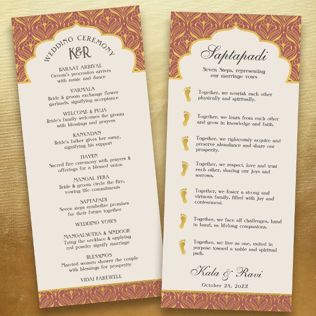 Programa Floral Lotus indio y Boda hindú (Rust red art deco indian hindu wedding program card with saptapadi seven steps vows, gold foil leaf)