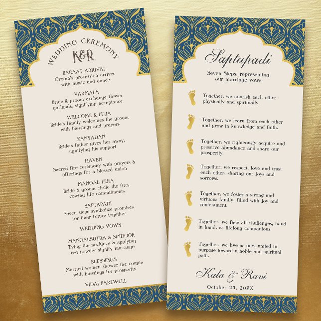Programa Floral Lotus indio y Boda hindú (Navy blue art deco indian hindu wedding program card with saptapadi seven steps vows, gold foil leaf)