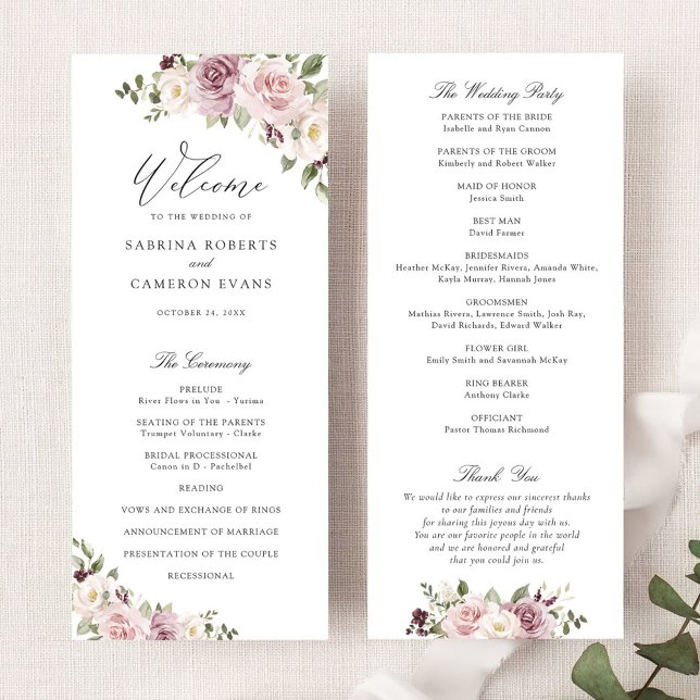 Programa Floral Mauve Rubor Greenery Elegant Script Boda (Subido por el creador)