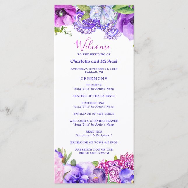 Programa Floral Purple Paisley Moda Boho Boda moderno (Anverso)