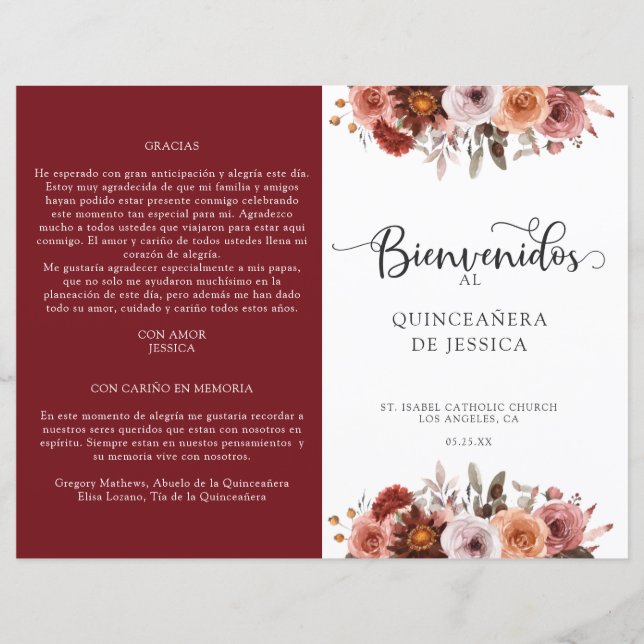 Programa Floral Quinceanera de Rubor en Borgoña (Anverso)