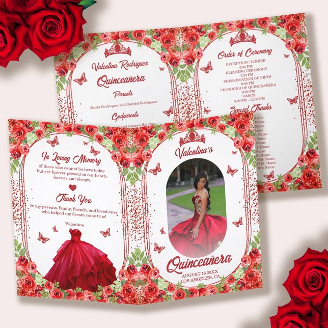 Programa Floral Quinceanera, la Purpurina roja fotográfica  (Spanish Photo Red Glitter Floral Quinceanera Program)