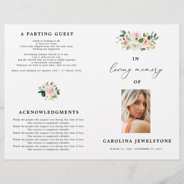 Programa Floral Rubor Celebration Of Life (Anverso)