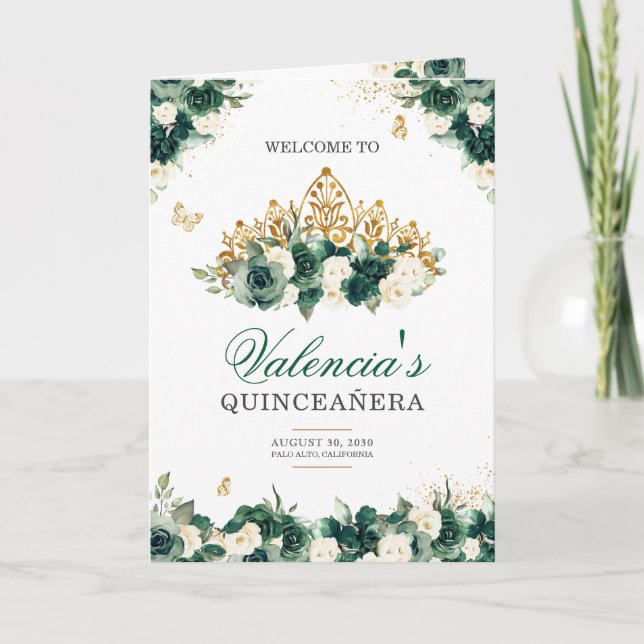 Programa Floral verde esmeralda Tiara Mariposa Quinceanera (Anverso)