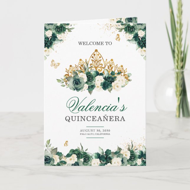 Programa Floral verde esmeralda Tiara Mariposa Quinceanera (Anverso)