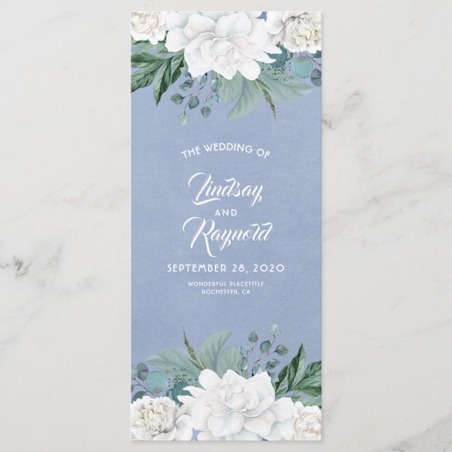 Programa Flores Blancas Dusty Blue Elegant Wedding Programm (Anverso)