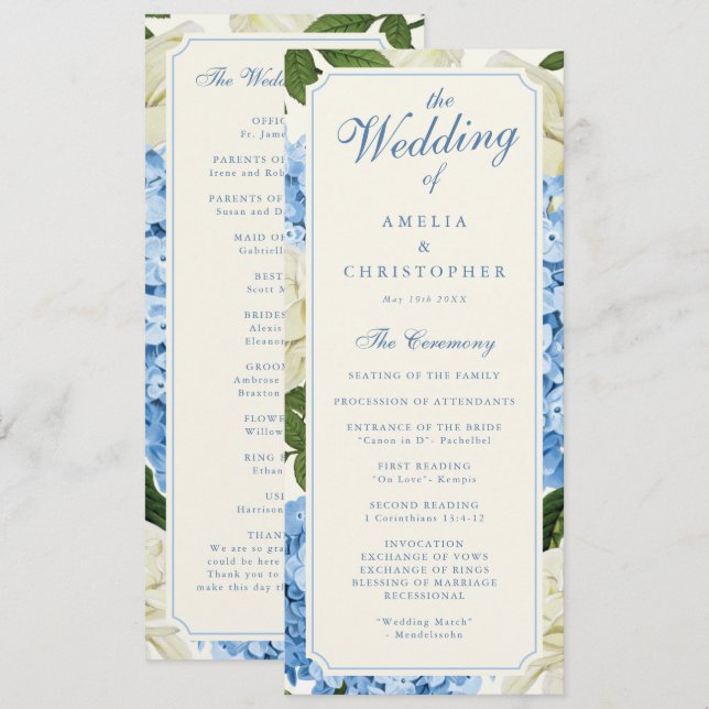 Programa Flores de Hortensias Azules Rosas Blancas Boda (Anverso / Reverso)