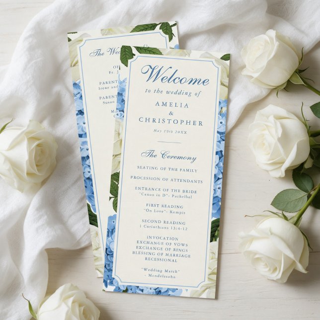 Programa Flores de Hortensias Azules Rosas Blancas Boda (elegant and formal wedding programs with blue hydrangea flowers and white roses background.)