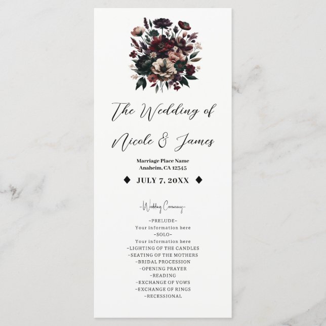 Programa Flores de Jardín Rústico Malhumorado Boda Bohemian (Anverso)