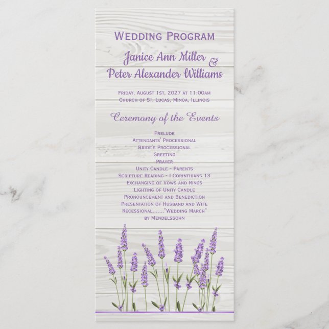 Programa Flores de lavanda morada en Boda de madera (Anverso)