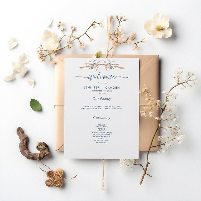 Programa Flores de maíz azules y trigo Boda blanco moderno (Subido por el creador)
