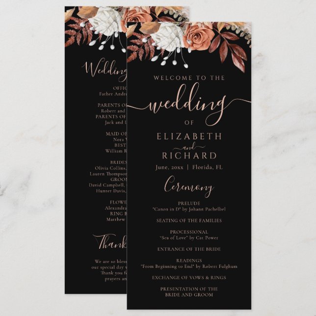 Programa Flores de Terracota Boho Otoño Boda Negra (Anverso / Reverso)