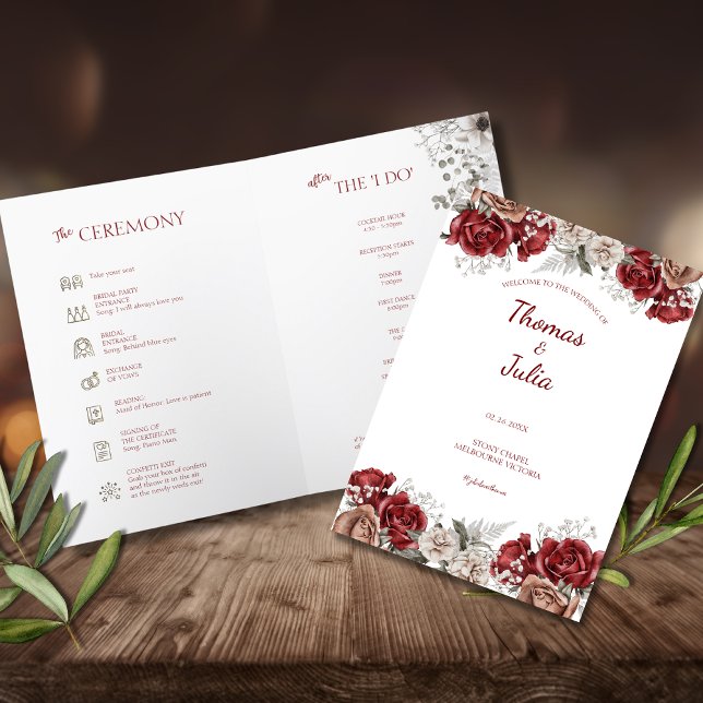 Programa Flores elegantes de Borgoña y Plata dobladas (Elegant Burgundy & Silver Flowers Folded Program)