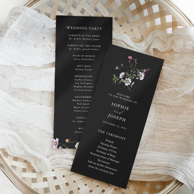 Programa Flores silvestres botánicas oscuras | Boda elegant (Simple and elegant botanical wildflowers decorate these trendy wedding programs)