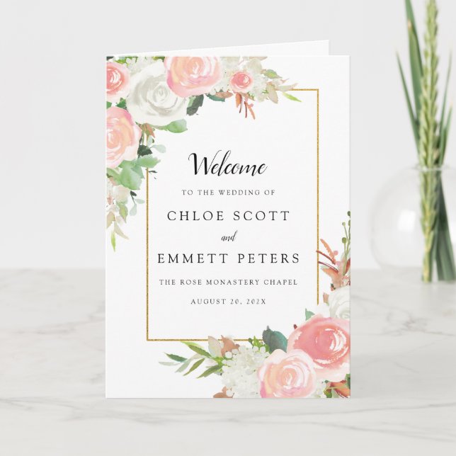 Programa Folleto de Boda floral blanco rosado de Rubor (Anverso)