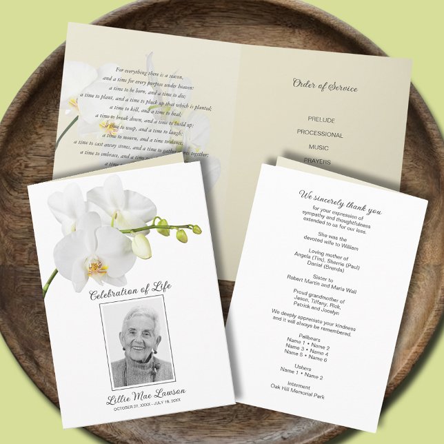 Programa Foto de la celebración del funeral de Orquídea Bla (White orchid funeral Celebration of Life photo program, 5" x 7" folded size)