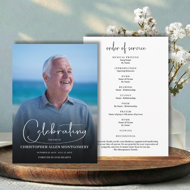 Programa Foto de la celebración funeraria de la vida (Celebration of Life funeral order of service program with a photo on the front and details on back)
