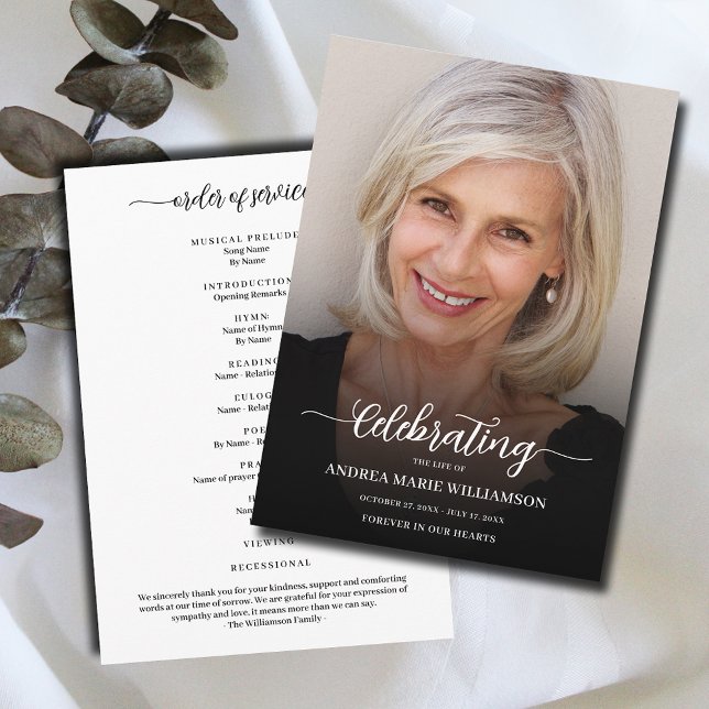 Programa Foto de la celebración funeraria de la vida (Modern funeral Celebration of Life Program, your photo on the front, Order of Service on the back)