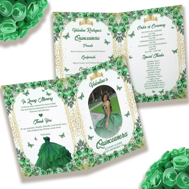 Programa Foto Purpurina de Oro Verde Floral Quinceanera (Photo Green Gold Glitter Floral Quinceanera Program)
