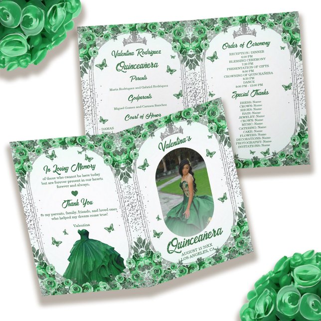 Programa Foto Purpurina de Plata Verde Floral Quinceanera (Photo Green Silver Glitter Floral Quinceanera Program)