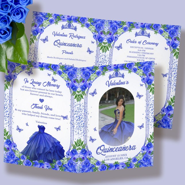 Programa Foto Real Azul Quinceanera (Spanish Photo Rose Gold Blush Pink Quinceanera Program)
