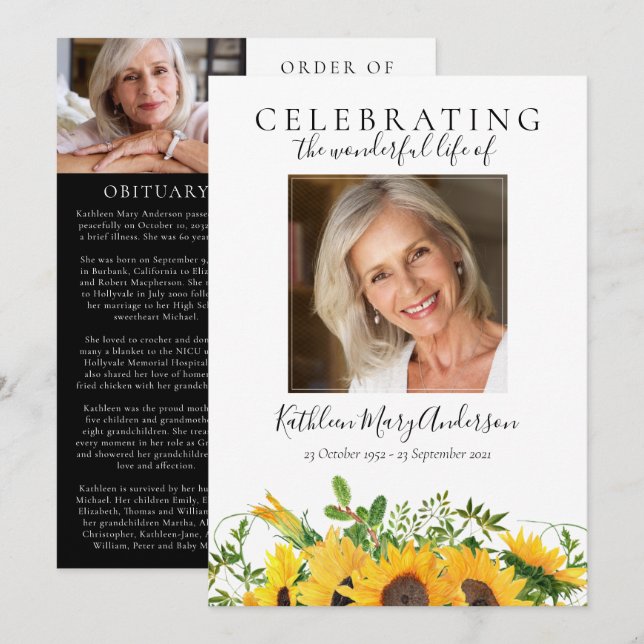 Programa Funeral de fotos florales de girasol (Anverso / Reverso)