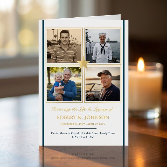 Programa Funeral de Hoja de Oro 5 Fotos Veterano d (Gold foil program for celebration of life with 5 photos - designed for Navy Veteran.)