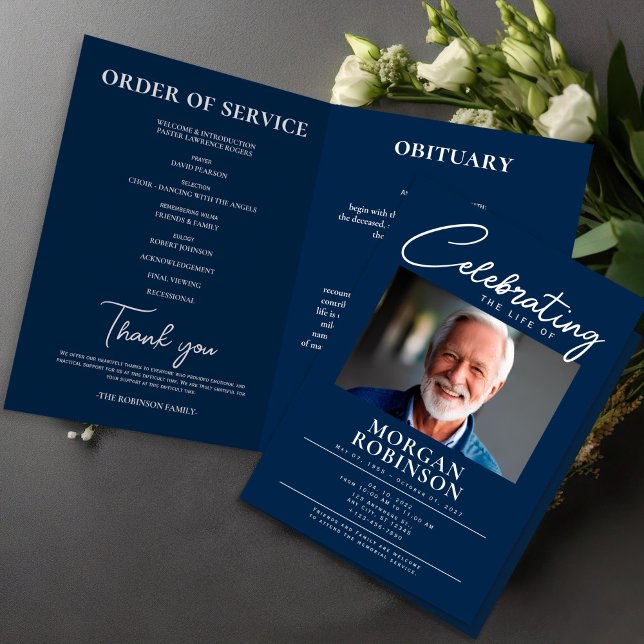 Programa funeral de la foto de la Marina en azul (Navy Blue Celebration of Life Photo Funeral Program Flyer )