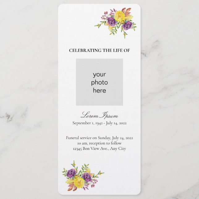 Programa Funeral de pulverización botánica amarillo y púrpu (Anverso)