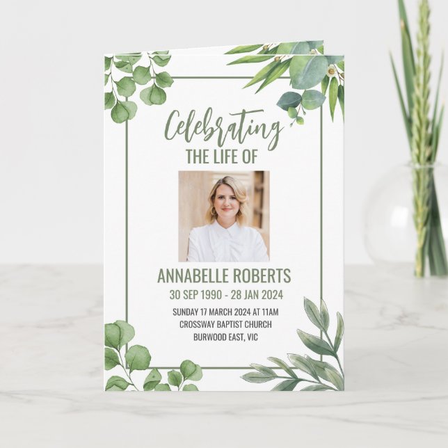 Programa Funeral - Diseño de hojas de eucalipto (Anverso)