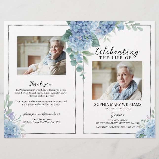 Programa Funeral Floral Azul | Orden del Servicio (Anverso)