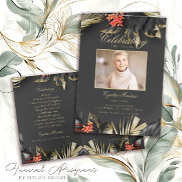 Programa Funeral moderno de fotos florales en negro y oro
