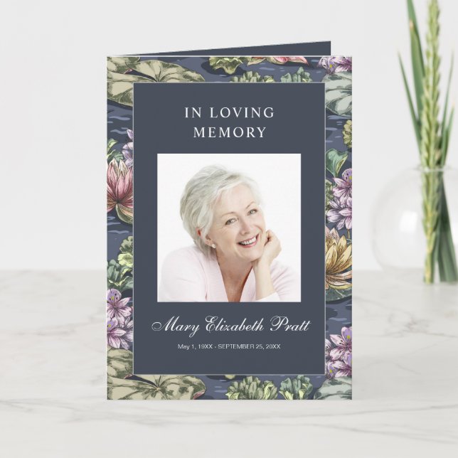 Programa Funeral multifoto de floral azul oscuro (Anverso)