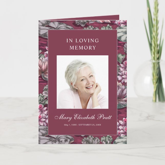 Programa Funeral multifoto de floral rojo borgoñona (Anverso)