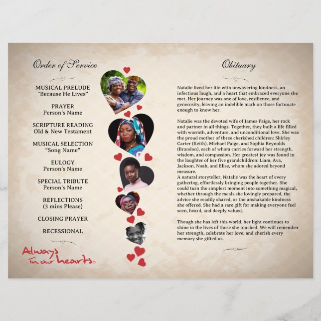 Programa funerario beige grunge de temática cardía (Atrás)