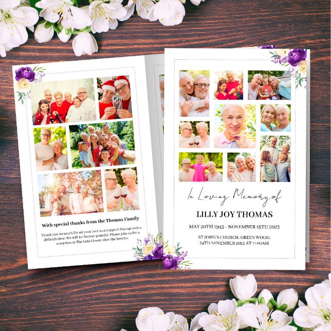 Programa funerario con flores moradas y crema (Funeral Program with Purple & Cream Watercolor Flowers and a photo collage on the front & back)