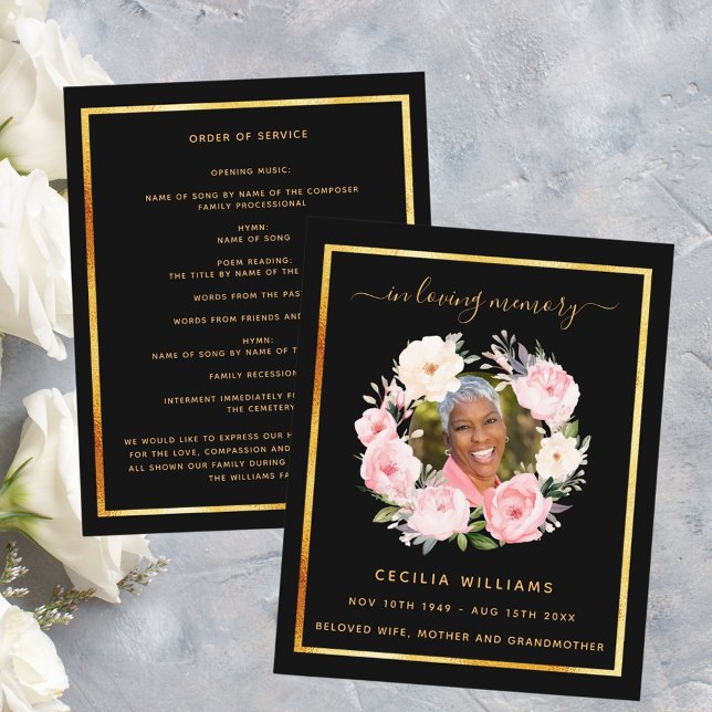 Programa funerario floral rosado con foto de oro n (Subido por el creador)
