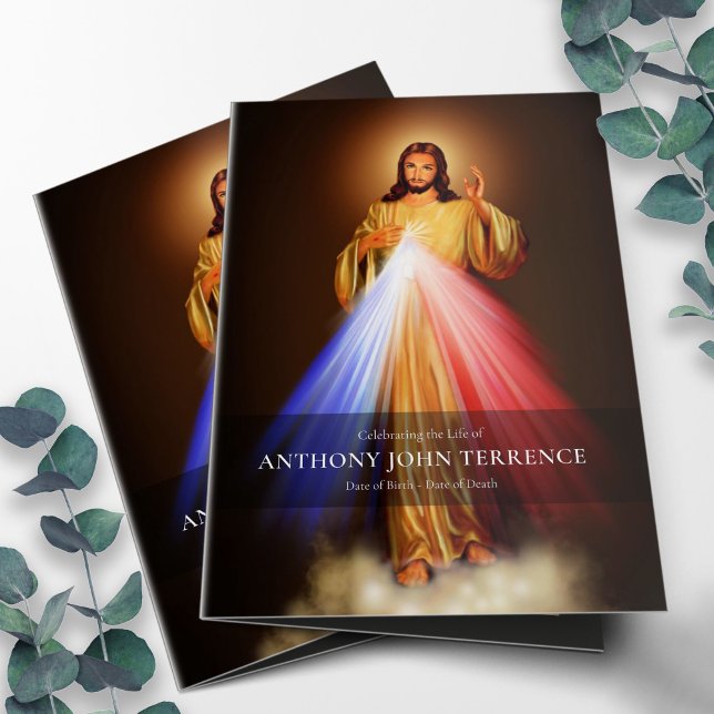 Programa funerario plegable misericordia divina (Funeral Program Template | Funeral Order of Services Divine Mercy)